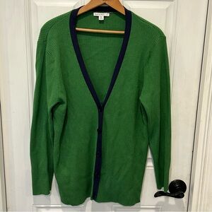 Isaac Mizrahi Live! Women’s Green button-front cardigan Navy trim, Ribbed, XL